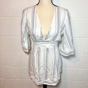 After Market White and Blue Plunge Neck Backless Mini Dress Size Small